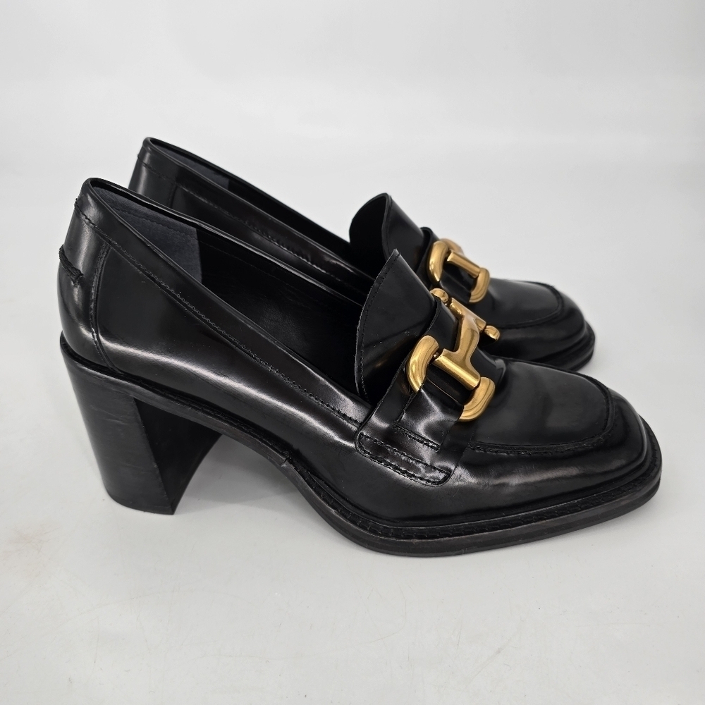 Boden iris snaffle heeled loafers black chunky with gold buckls front rounded 41